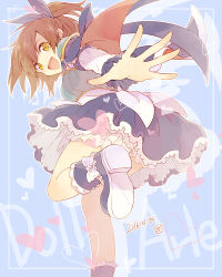 Rule 34 | 1girl, arle nadja, armor, bloomers, blue background, blue cape, blue footwear, blue skirt, breastplate, brown hair, cape, detached sleeves, hana (mew), heart, looking at viewer, open mouth, ponytail, puyopuyo, skirt, smile, solo, standing, standing on one leg, underwear, yellow eyes