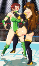 Rule 34 | 2girls, ass, bare shoulders, blue eyes, blush, boots, breasts, brown hair, bruise, cage, cunt punt, dark star chaos, covered erect nipples, from behind, injury, kicking, knee pads, large breasts, leotard, long hair, mask, multiple girls, noppo-san, open mouth, rolling eyes, ryona, short hair, sweat, tears, tongue, tongue out, wrestle angels, wrestling, wrestling outfit, wrestling ring, yoshihara mimi