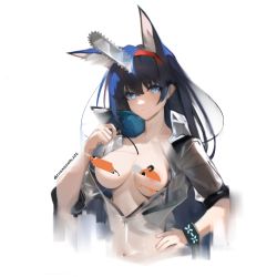 Rule 34 | 1girl, absurdres, areola slip, arknights, black bracelet, black hair, blaze (arknights), blue eyes, breasts, censored, censored nipples, chainsaw, cleavage, extra ears, grey jacket, hairband, hand on own hip, highres, infection monitor (arknights), jacket, l.v.c., large breasts, looking at viewer, novelty censor, open clothes, open jacket, paid reward available, red hairband, simple background, smile, solo, white background