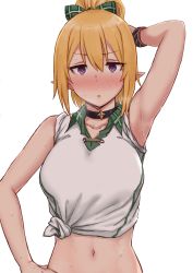Rule 34 | 1girl, arm behind head, arm up, armpits, blonde hair, blush, bow, breasts, chloe (princess connect!), chloe (school festival) (princess connect!), choker, collarbone, gomu (chewinggom), green bow, hair between eyes, hair bow, highres, large breasts, linfi-muu, long hair, looking at viewer, midriff, navel, pointy ears, ponytail, princess connect!, purple eyes, shirt, short sleeves, sidelocks, sleeves rolled up, solo, sweat, tied shirt