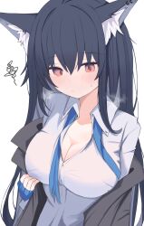 Rule 34 | 1girl, absurdres, animal ear fluff, animal ears, arknights, black hair, black jacket, blue gloves, blue necktie, blush, breasts, breath, buttons, cleavage, closed mouth, collared shirt, dress shirt, fingerless gloves, gloves, hair between eyes, highres, jacket, large breasts, long hair, looking at viewer, necktie, nui (nuinui0300), off shoulder, open clothes, open collar, open jacket, orange eyes, shirt, simple background, solo, squiggle, sweatdrop, texas (arknights), undone necktie, upper body, white background, white shirt, wolf ears, wolf girl