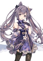 Rule 34 | 1girl, animal ears, arm behind back, bare shoulders, black bow, black thighhighs, blush, bow, cone hair bun, flower, genshin impact, gloves, grey hair, hair bow, hair bun, keqing (genshin impact), long hair, oro ponzu, parted lips, purple eyes, simple background, smile, solo, thighhighs, twintails, white flower, wing collar