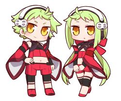 Rule 34 | 1boy, 1girl, 7th dragon (series), 7th dragon 2020, ahoge, bare shoulders, black shirt, black sleeves, blush, bow, brother and sister, brown eyes, chibi, closed mouth, commentary request, detached sleeves, green hair, hair bow, hairband, hand on own hip, highres, long hair, long sleeves, low twintails, midriff, miina (7th dragon), miina (7th dragon 2020), miroku (7th dragon), miroku (7th dragon 2020), naga u, navel, navigator (7th dragon), own hands together, parted lips, red bow, red footwear, red shorts, red sleeves, shirt, short shorts, shorts, shrug (clothing), siblings, simple background, sleeveless, sleeveless shirt, smile, standing, twintails, v-shaped eyebrows, very long hair, white background, white hairband, wide sleeves, yellow eyes