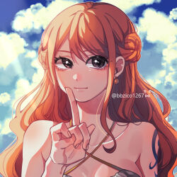 1girl bare_shoulders bbzico1267 blue_sky brown_eyes closed_mouth cloud cloudy_sky collarbone commentary criss-cross_halter dress earrings hair_behind_ear halterneck index_finger_raised jewelry long_hair looking_at_viewer nami_(one_piece) official_alternate_costume official_alternate_hairstyle one_piece one_piece_film:_gold orange_hair outdoors pearl_earrings shoulder_tattoo single_sidelock sky solo tattoo twitter_username upper_body wavy_hair white_dress