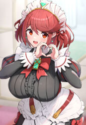 Rule 34 | apron, black dress, blush, bow, bowtie, breasts, cosplay, cowboy shot, dress, earrings, frills, gonzarez, heart, heart hands, highres, huge breasts, jewelry, juliet sleeves, long sleeves, looking at viewer, maid, maid headdress, open mouth, poppi (xenoblade), poppi qt (xenoblade), poppi qt (xenoblade) (cosplay), puffy sleeves, pyra (xenoblade), red bow, red bowtie, red eyes, red hair, short hair, solo, swept bangs, tiara, white apron, xenoblade chronicles (series), xenoblade chronicles 2