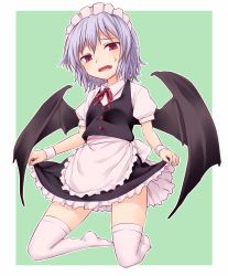 Rule 34 | 1girl, alternate costume, apron, bat wings, black wings, blush, detached collar, enmaided, fang, full body, kneehighs, looking at viewer, maid, maid headdress, miyo (ranthath), neck ribbon, no shoes, open mouth, outside border, puffy short sleeves, puffy sleeves, purple hair, red eyes, red ribbon, remilia scarlet, ribbon, short hair, short sleeves, skirt hold, slit pupils, socks, solo, sweat, thighhighs, touhou, waist apron, white apron, white socks, white thighhighs, wings, zettai ryouiki