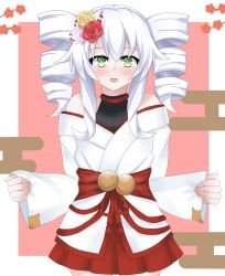 Rule 34 | bare shoulders, black sister, breasts, green eyes, hair ornament, hairclip, happy, highres, japanese clothes, kimono, long hair, matrixjudge, neptune (series), open mouth, ribbon, shrine, small breasts, tsundere, twin drills, twintails, uni (neptunia), white hair