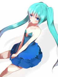 Rule 34 | 1girl, aqua hair, bare shoulders, blue eyes, blush, collarbone, colored eyelashes, dress, flat chest, hatsune miku, long hair, looking at viewer, simple background, sitting, solo, takeshima eku, twintails, v arms, very long hair, vocaloid, white background