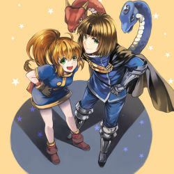 Rule 34 | 1boy, 1girl, ashton anchors, boots, brown hair, cape, dragon, full body, gloves, green eyes, hands on own hips, headband, knee boots, long hair, ponytail, precis neumann, shoes, skirt, smile, square enix, star (symbol), star ocean, star ocean the second story, starry background, ycco (estrella), yellow background