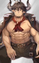 Rule 34 | 1boy, abs, absurdres, ascot, bad id, bad pixiv id, bara, barawa, bare pectorals, brown eyes, brown pants, draph, facial hair, goatee, granblue fantasy, harness, highres, huge filesize, jacket, jacket on shoulders, large pectorals, leather, leather pants, looking at viewer, male focus, mature male, muscular, muscular male, navel, nipples, pants, pectorals, pointy ears, short hair, solo, spread legs, stomach, tekkowang