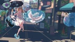Rule 34 | 1girl, arm up, awning, bare arms, bare legs, bird, black cat, black footwear, blonde hair, blue eyes, blurry, blurry background, blurry foreground, bubble, building, cat, chinese commentary, commentary request, dove, dress, fish, floating, flower, frog, goldfish, hair ornament, hat, hat ribbon, highres, holding, holding umbrella, hydrangea, mixed-language commentary, original, outdoors, petals, plant, ribbon, road, short hair, sign, solo, spaghetti strap, traffic cone, umbrella, utility pole, vofan, white dress, white hat, window