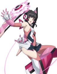Rule 34 | 1girl, absurdres, arm behind back, armpits, bare shoulders, black hair, breasts, chuunioniika, covered navel, elbow gloves, gloves, highres, open mouth, pink gloves, pink thighhighs, purple eyes, senki zesshou symphogear, small breasts, solo, thighhighs, transparent background, tsukuyomi shirabe, yo-yo
