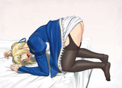 Rule 34 | 1girl, ahoge, all fours, artoria pendragon (all), artoria pendragon (fate), ass, azasuke, bed, blonde hair, blue eyes, breasts, clothes lift, dress, dress lift, fate/stay night, fate (series), feet, garter straps, hair ribbon, highres, legs, looking back, no panties, no shoes, open mouth, ribbon, saber (fate), short hair, simple background, small breasts, solo, thighhighs, thighs, toes