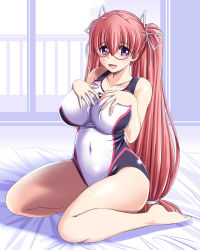Rule 34 | 1girl, barefoot, breasts, competition swimsuit, covered navel, glasses, hair ribbon, hands on own chest, large breasts, log-mi (tonpuu), long hair, looking at viewer, one-piece swimsuit, original, pink hair, purple eyes, ribbon, sitting, solo, swimsuit, tonpuu, twintails, wariza, white hips, white ribbon, wide hips