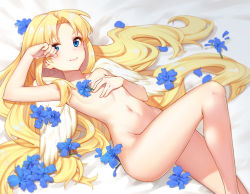 Rule 34 | 1girl, 779420, absurdres, bed sheet, blonde hair, blue eyes, blue flower, blush, breasts, collarbone, commentary request, completely nude, covering privates, covering breasts, crying, crying with eyes open, feathered wings, filo (tate no yuusha no nariagari), flower, groin, hand to head, highres, knee up, long hair, looking at viewer, lying, navel, nude, on back, parted bangs, sidelocks, small breasts, solo, stomach, streaming tears, tate no yuusha no nariagari, tearing up, tears, very long hair, white wings, wings