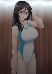 Rule 34 | 1girl, absurdres, black hair, blue eyes, breasts, competition swimsuit, covered navel, glasses, hair between eyes, hibike! euphonium, highleg, highleg swimsuit, highres, large breasts, long hair, looking at viewer, one-piece swimsuit, opp, red-framed eyewear, semi-rimless eyewear, solo, standing, swimsuit, tanaka asuka, white one-piece swimsuit