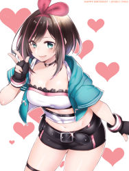 Rule 34 | 1girl, absurdres, aqua eyes, belt, blush, breasts, brown hair, censored, censored text, choker, cleavage, dutch angle, fingerless gloves, gloves, happy birthday, heart, heart background, heart choker, highres, kizuna ai, kizuna ai (a.i. games), kizuna ai inc., looking at viewer, medium breasts, mosaic censoring, navel, official alternate costume, open mouth, pink hair, pink ribbon, ribbon, short hair, short shorts, shorts, smile, solo, thighs, virtual youtuber, white background, yutazou