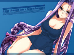 Rule 34 | 00s, 1girl, braid, english text, fate/stay night, fate (series), glasses, impossible clothes, long hair, medusa (fate), medusa (rider) (fate), one-piece swimsuit, purple eyes, purple hair, school swimsuit, single braid, solo, swimsuit, very long hair, wallpaper