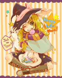 Rule 34 | 1girl, blonde hair, boots, bow, braid, candy, capelet, english text, food, grin, hair bow, halloween, hand on headwear, hat, indian style, kirisame marisa, crossed legs, lollipop, long hair, one eye closed, ribbon, scarf, sitting, smile, solo, star (symbol), striped, striped background, sweets, touhou, trick or treat, vertical stripes, wink, witch hat, witoi (roa), yellow eyes