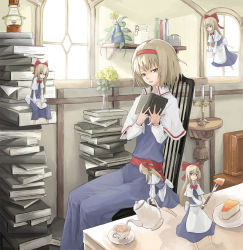 Rule 34 | 1girl, alice margatroid, bad id, bad pixiv id, blonde hair, blue eyes, book, book stack, bow, cake, candle, cup, doll, dress, female focus, flower, food, hair bow, hairband, holding, holding book, lamp, long hair, open mouth, plate, ribbon, saucer, shanghai doll, short hair, solo, taba comya, teacup, teapot, touhou, vase, window