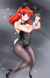 Rule 34 | 1girl, absurdres, animal ears, black bow, black bowtie, black leotard, black pantyhose, blue eyes, bow, bowtie, character request, commentary request, copyright request, detached collar, fishnet pantyhose, fishnets, full body, gun, handgun, highres, leotard, long hair, nanao futaba, pantyhose, playboy bunny, rabbit ears, rabbit tail, red hair, solo, strapless, strapless leotard, tail, weapon, weapon request, wrist cuffs