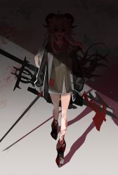 Rule 34 | 1girl, absurdres, animal ears, axe, black footwear, black jacket, blood, blood on leg, boots, brown sweater, commentary, empty eyes, english commentary, grey hair, hanah (populamalus), highres, holding, holding weapon, horns, jacket, long hair, original, populamalus, shadow, sheep ears, sheep horns, shirt, smile, solo, sweater, very long hair, walking, weapon, white shirt