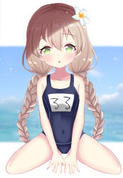 Rule 34 | 1girl, :o, bare arms, bare shoulders, between legs, blue one-piece swimsuit, blue sky, blush, braid, breasts, child, cloud, collarbone, commentary request, covered navel, flower, full body, green eyes, hair between eyes, hair flower, hair ornament, hand between legs, light brown hair, long hair, looking at viewer, low twintails, name tag, ocean, old school swimsuit, one-piece swimsuit, original, parted lips, satori (ymoy), school swimsuit, sitting, sky, small breasts, solo, swimsuit, twin braids, twintails, very long hair, wariza, water, white flower