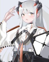 Rule 34 | 1girl, absurdres, arknights, arm up, black skirt, blush, brown eyes, grey background, grey hair, highres, horns, jacket, long hair, long sleeves, looking at viewer, open mouth, pointy ears, saria (arknights), skirt, solo, spam (spamham4506), sweat, very long hair, white jacket
