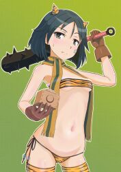 Rule 34 | 1girl, bikini, black hair, blush, brave witches, breasts, cameltoe, closed mouth, club (weapon), cosplay, fake horns, fang, green background, green eyes, heart, heart-shaped pupils, highres, horns, kanno naoe, keicha (kmoekaki), looking at viewer, navel, oni horns, scarf, short hair, side-tie bikini bottom, simple background, skindentation, small breasts, solo, strapless, striped bikini, striped clothes, striped thighhighs, swimsuit, symbol-shaped pupils, thighhighs, thong bikini, tiger print bikini, tube top, world witches series