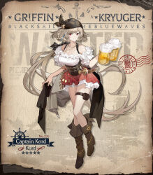 Rule 34 | 1girl, alcohol, anchor ornament, artist request, bandana, beer, beer mug, black bandana, black ribbon, boots, breasts, brown corset, brown footwear, brown hair, character name, closed mouth, commentary, copyright name, corset, cup, dagger, dirndl, english commentary, full body, german clothes, girls&#039; frontline, hair ribbon, high heel boots, high heels, highres, holding, holding cup, jewelry, knife, kord (captain kord) (girls&#039; frontline), kord (girls&#039; frontline), large breasts, light brown hair, long hair, looking at viewer, mug, necklace, off-shoulder shirt, off shoulder, official alternate costume, official art, plaid, plaid skirt, poster (object), red eyes, red skirt, ribbon, second-party source, sheath, shirt, skirt, smile, solo, stamp mark, standing, star (symbol), thigh pouch, very long hair, wanted, weapon