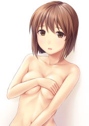 Rule 34 | 1girl, areola slip, bad id, bad pixiv id, bob cut, breasts, brown eyes, brown hair, covering privates, covering breasts, covering crotch, hagiwara yukiho, highres, idolmaster, idolmaster (classic), looking at viewer, n.g., navel, nude, open mouth, out-of-frame censoring, short hair, solo, upper body