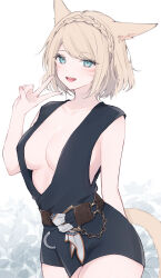 Rule 34 | 1girl, absurdres, animal ears, belt, black dress, blonde hair, blue eyes, blush, braid, breasts, cat ears, cat girl, cat tail, cleavage, collarbone, commentary, cowboy shot, crown braid, dress, facial mark, final fantasy, final fantasy xiv, highres, large breasts, looking at viewer, miqo&#039;te, plunging neckline, sana (sanamaru 0w0), short hair, simple background, sleeveless, sleeveless dress, smile, solo, tail, teeth, upper teeth only, v, warrior of light (ff14), whisker markings, white background