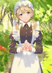 Rule 34 | 1girl, apron, blonde hair, blush, brown dress, closed mouth, collared dress, commentary request, cowboy shot, day, dress, fingernails, glint, green eyes, hat, highres, juliet sleeves, light rays, long hair, long sleeves, looking at viewer, low twintails, maid, mob cap, original, outdoors, own hands together, poligon (046), puffy sleeves, smile, solo, sunbeam, sunlight, tree, twintails, white apron, white hat