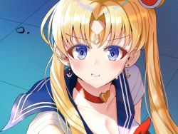 Rule 34 | 1girl, bags under eyes, bishoujo senshi sailor moon, blonde hair, blue eyes, breasts, choker, cleavage, collarbone, commentary request, crying, crying with eyes open, double bun, earrings, forehead, hair bun, heart, heart choker, highres, iro (boo iro), jewelry, meme, outdoors, red choker, sailor moon, sailor moon redraw challenge (meme), sailor senshi uniform, solo, tears, tsukino usagi, twintails, upper body, v-shaped eyebrows