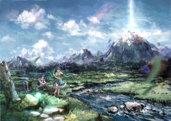 Rule 34 | 1boy, 1girl, blue hair, c.z., cloud, day, dress, fishing, fishing line, fishing lure, fishing rod, grass, green hair, hatsune miku, kaito (vocaloid), long hair, mountain, nature, river, scenery, sitting, sky, twintails, vocaloid, water