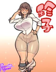 Rule 34 | 1girl, ;d, agawa ryou, artist name, bad id, bad tumblr id, bloomers, breasts, brown hair, clothes pull, curvy, glasses, grin, hand on own hip, huge breasts, one eye closed, open mouth, original, pants, pants pull, red-framed eyewear, semi-rimless eyewear, sketch, smile, socks, solo, standing, thigh gap, under-rim eyewear, underwear, undressing, wide hips