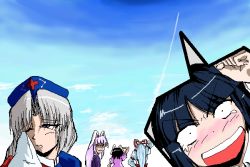 Rule 34 | 5girls, angry, animal ears, black hair, blue hair, blue sky, blunt bangs, blush, bow, cloud, contrail, covering own eyes, crying, d:, d:&lt;, day, everyone, female focus, fujiwara no mokou, hair bow, hand on own hip, handkerchief, houraisan kaguya, inaba tewi, long hair, looking away, looking back, looking up, multiple girls, nose blush, oekaki, one eye closed, open mouth, outdoors, parody, parted bangs, ponytail, rabbit ears, reisen udongein inaba, rocket, scared, silver hair, sky, sweatdrop, tears, touhou, v-shaped eyebrows, yagokoro eirin