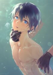 Rule 34 | 1boy, black gloves, blue eyes, blue hair, blush, collarbone, completely nude, dated, disembodied limb, facial mark, gloves, green background, hair between eyes, hand on another&#039;s arm, hand on another&#039;s chin, highres, implied sex, kiyonagi, kusanagi (kiyonagi), looking at viewer, male focus, nipples, nude, original, out of frame, parted lips, short hair, solo focus, sparkle, sweat, upper body, wet, wet hair