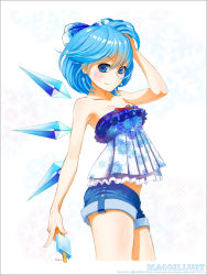 Rule 34 | 1girl, aged up, alternate costume, bad id, bad pixiv id, bare shoulders, blue eyes, blue hair, bow, cirno, collarbone, earrings, food, framed, gari gari-kun, hair bow, hand in own hair, ice, ice wings, jewelry, looking at viewer, maco (macoillust), matching hair/eyes, popsicle, revision, short shorts, shorts, solo, strapless, touhou, wings