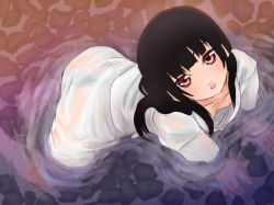 Rule 34 | 00s, 1girl, all fours, black hair, blunt bangs, breast slip, breasts, downblouse, enma ai, flat chest, hime cut, jigoku shoujo, nipple slip, nipples, red eyes, scharfschutze, solo, water, wet, wet clothes