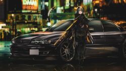 Rule 34 | 1girl, black footwear, black gloves, black jacket, black pantyhose, blue eyes, blurry, blurry background, car, character request, copyright request, gloves, grey hair, gun, headset, highres, holding, holding gun, holding weapon, hood, hood down, jacket, long hair, looking at viewer, motor vehicle, nougat (73r1r1), pantyhose, reflection, shadow, solo, toyota, toyota chaser, vehicle focus, weapon