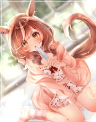 Rule 34 | absurdres, alternate costume, animal ears, blurry, blurry background, breasts, brown hair, commentary request, food, hair ornament, hairclip, highres, horse ears, horse girl, horse tail, loungewear, matikane tannhauser (umamusume), medium breasts, medium hair, open mouth, popsicle, sitting, tail, umamusume, user czyk8532, yellow eyes