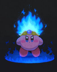 Rule 34 | black background, blue eyes, blue fire, blush stickers, closed mouth, copy ability, crown, fire, highres, kirby, kirby (series), looking at viewer, miclot, nintendo, no humans, pink footwear, shoes, simple background, v-shaped eyebrows