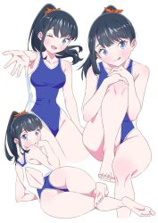 Rule 34 | 1girl, ass, black hair, blue eyes, blush, breasts, gridman universe, gridman universe (film), hair ornament, highres, long hair, looking at viewer, medium breasts, official alternate costume, one-piece swimsuit, one eye closed, ponytail, sho (shoshos 8888), simple background, solo, swimsuit, takarada rikka, thighs, white background