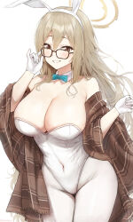 Rule 34 | 1girl, adjusting eyewear, akane (blue archive), akane (bunny) (blue archive), blonde hair, blue archive, blue bow, blue bowtie, bow, bowtie, breasts, brown eyes, brown scarf, covered navel, detached collar, glasses, gloves, grin, halo, hand on eyewear, hands up, highres, hopeful wharf, large breasts, leotard, long hair, pantyhose, parted lips, plaid, plaid skirt, playboy bunny, scarf, skirt, smile, solo, white gloves, white leotard, white pantyhose