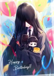 Rule 34 | 1girl, 2boys, bada (project moon), balloon, black coat, black eyes, black gloves, black hair, black necktie, cheesecake, coat, collared shirt, confetti, food, gloves, hair over eyes, happy birthday, library of ruina, long hair, long sleeves, martina (project moon), mikoto0x0, mini person, miniboy, multiple boys, necktie, nemo (project moon), object head, party popper, project moon, screen, shirt, solo focus, very long hair, white shirt