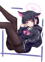 Rule 34 | 1girl, animal ears, biohazard symbol, black choker, black hair, black pantyhose, blue archive, blush, bob cut, choker, colored inner hair, feet out of frame, food, hair ornament, hairclip, halo, hand in pocket, highres, holding, holding food, hood, hood down, hooded jacket, jacket, kazusa (blue archive), kiomota, legs up, long sleeves, looking at viewer, macaron, multicolored hair, neckerchief, open mouth, pantyhose, pink eyes, pink hair, pink neckerchief, pleated skirt, short hair, skirt, solo, thighband pantyhose, two-tone hair, white background, white skirt