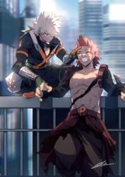 Rule 34 | 2boys, :t, abs, absurdres, against railing, baggy pants, bakugou katsuki, balcony, belt, between legs, black footwear, black mask, black pants, black sash, black sleeves, blonde hair, blue sky, blurry, blurry background, blush, boku no hero academia, boots, building, center opening, chromatic aberration, city, collarbone, colored shoe soles, combat boots, day, detached sleeves, diffraction spikes, elbow rest, explosive, eye mask, feet out of frame, film grain, finger on forehead, fingernails, gloves, green gloves, grenade, grin, hair between eyes, hand between legs, hands up, happy, headgear, high collar, highres, kirishima eijirou, knee pads, light, looking at another, male focus, mask, mask around neck, multiple boys, navel, no-kan, no shirt, on railing, one eye closed, orange gloves, pants, pectoral cleavage, pectorals, pout, railing, red belt, red eyes, red hair, sanpaku, sash, scar, scar across eye, scar on face, sharp teeth, short eyebrows, short hair, shoulder pads, signature, single horizontal stripe, sky, smile, sparkle, spiked hair, squatting, standing, sunlight, teeth, toned, toned male, two-tone gloves, v-shaped eyebrows, waist cape, wet, wrist guards, x