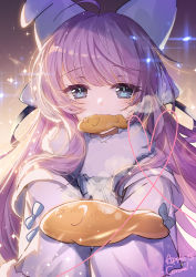 Rule 34 | 1girl, absurdres, ahoge, animal ears, apple caramel, azur lane, black ribbon, blue eyes, blush, cat ears, closed mouth, coat, commentary, fake animal ears, food, food in mouth, fur-trimmed coat, fur trim, hair ribbon, highres, holding, holding food, incoming food, looking at viewer, overcoat, purple hair, religious offering, ribbon, sidelocks, signature, sleeves past fingers, sleeves past wrists, smile, solo, taiyaki, tashkent (azur lane), upper body, very long sleeves, wagashi, white coat
