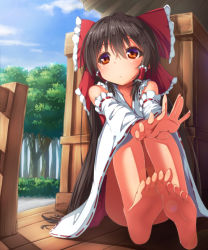 Rule 34 | 1girl, bad id, bad pixiv id, bare shoulders, barefoot, blue sky, bow, brown eyes, brown hair, cloud, day, detached sleeves, dress, feet, feet together, forest, hair bow, hair tubes, hakurei reimu, long hair, long sleeves, matokechi, nature, red dress, simple background, sitting, sky, soles, solo, toes, touhou, very long hair, wide sleeves